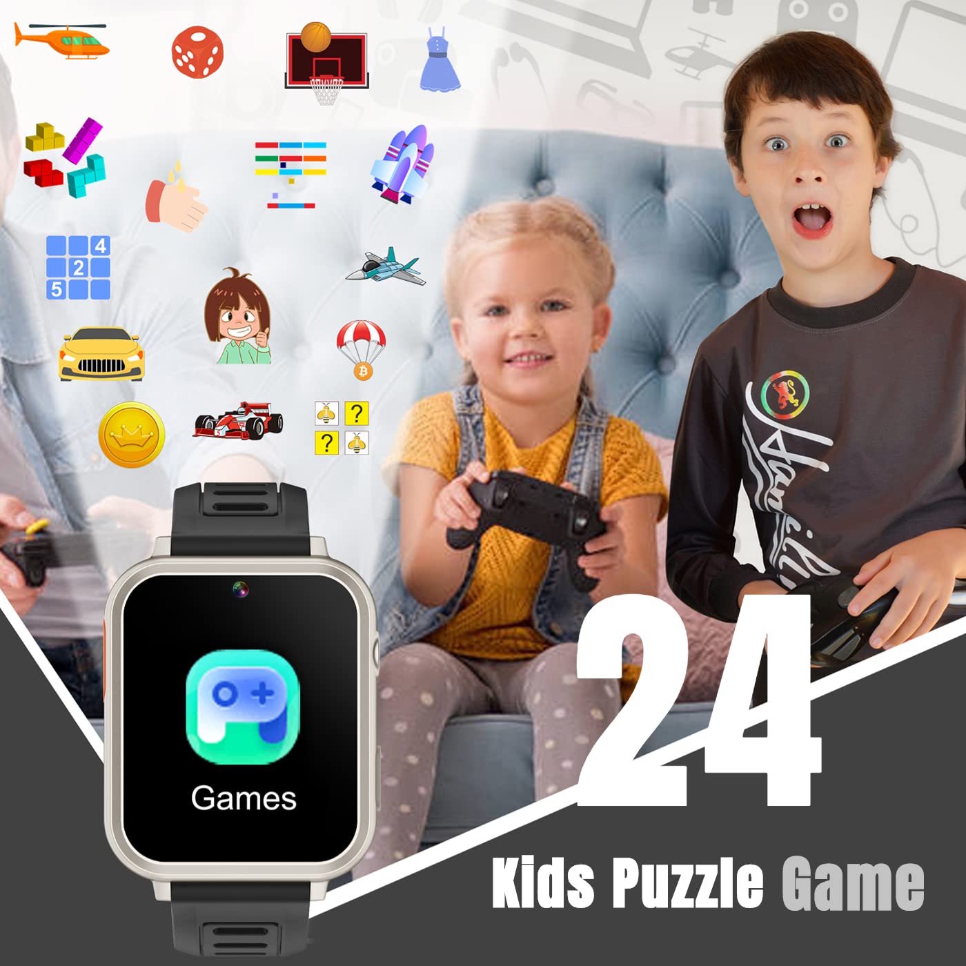 Kids Smart Watch Boys With 24 Puzzle Games Hd Touch Screen Camera Music Player Pedometer Alarm Clock Calculator Flashlight 12/24